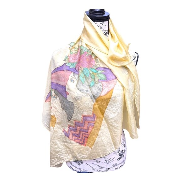 Vintage 34.5" Silk Scarf With Art Deco Print Women Hats Silhouette Hand Painted - Picture 1 of 6
